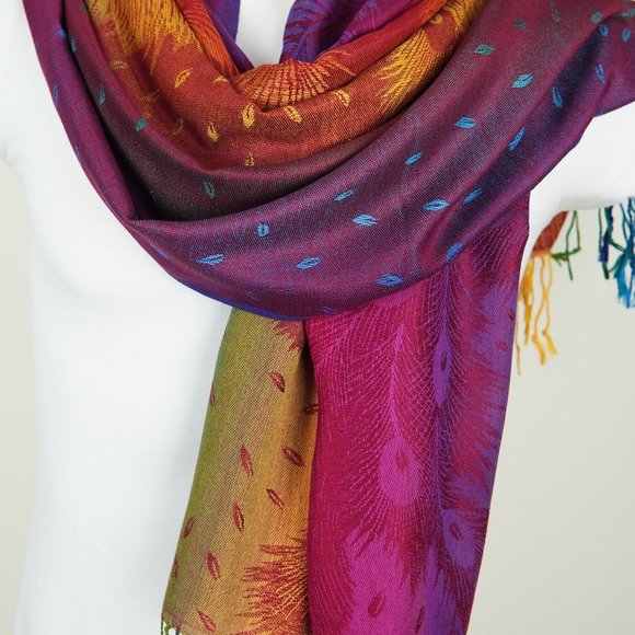 Red Feather Pashmina Scarves | Animal Print Scarf Wedding Shawls Festival Shawl - Picture 2 of 3